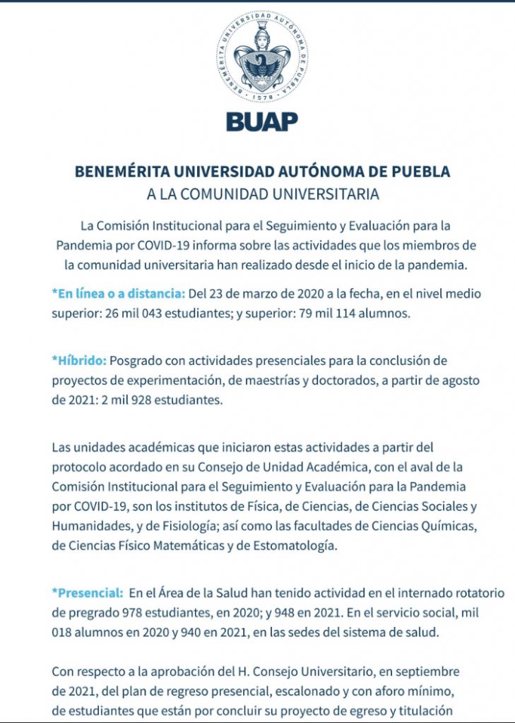 BUAP emite comunicado sobre clases presenciales y en línea