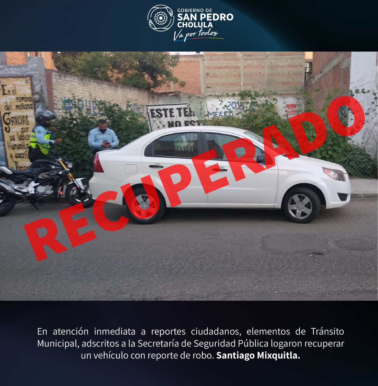 Desde San Pedro Cholula: Tránsito recupera vehículo robado