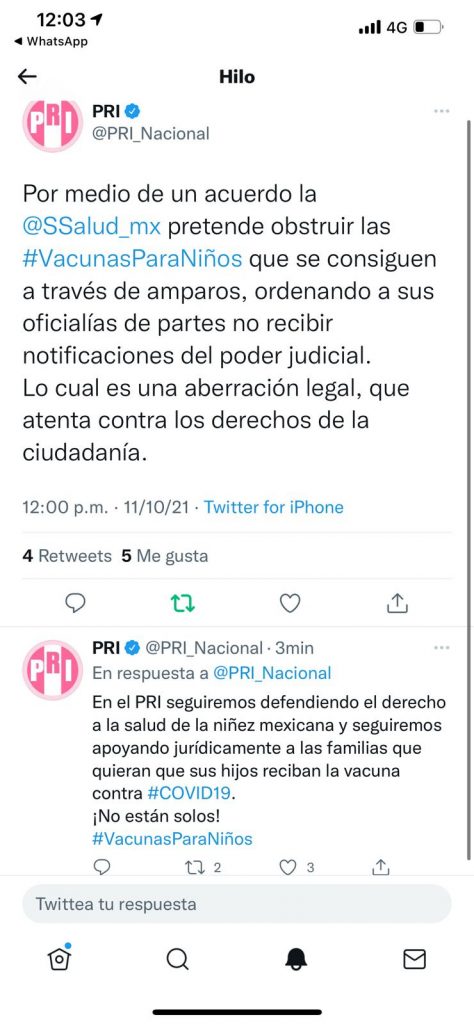 Obstruye Secretaría de Salud el cumplimiento de amparos para vacunar a niños contra covid-19: PRI