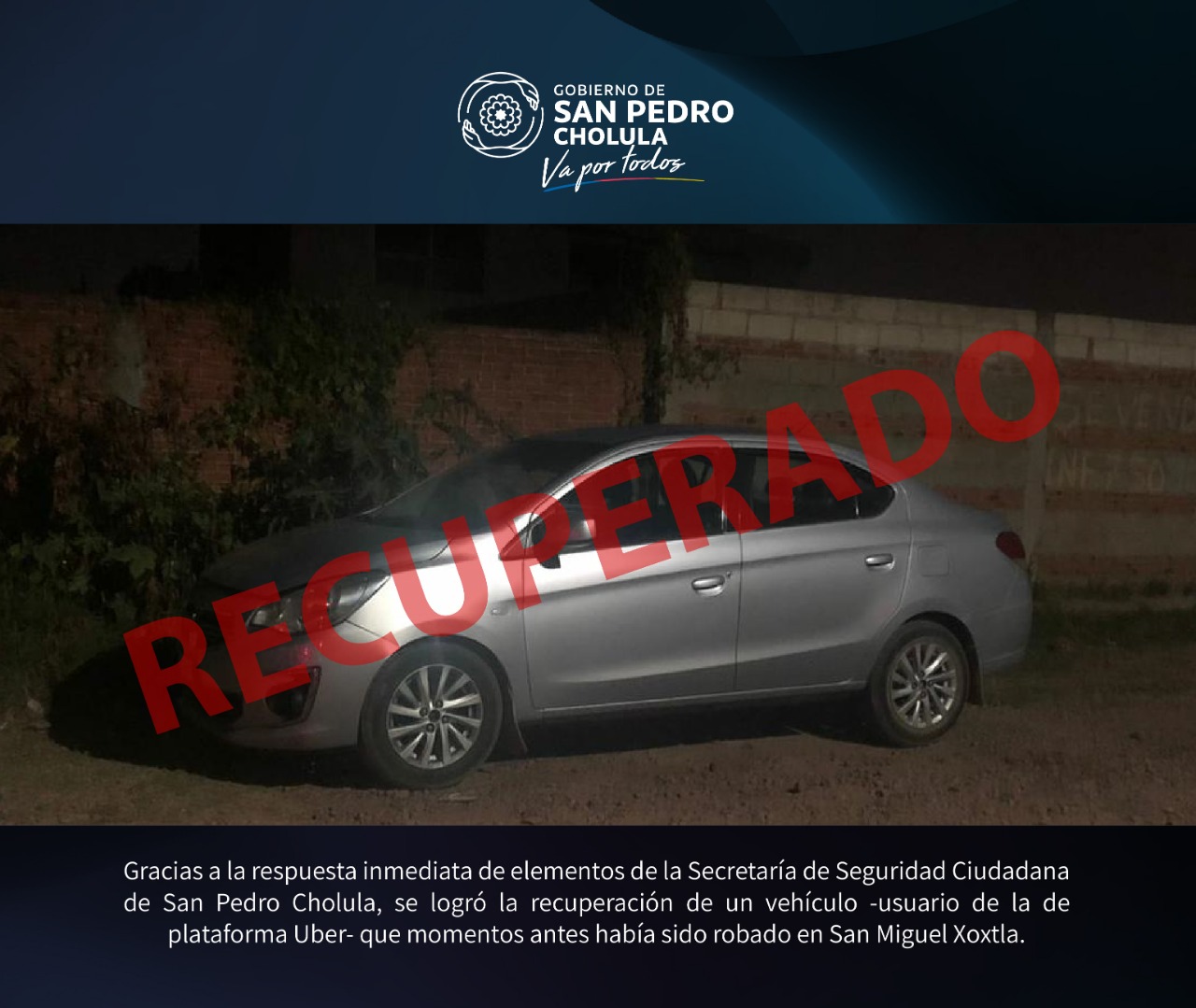 Policía Municipal de San Pedro Cholula recupera vehículo robado en San Miguel Xoxtla