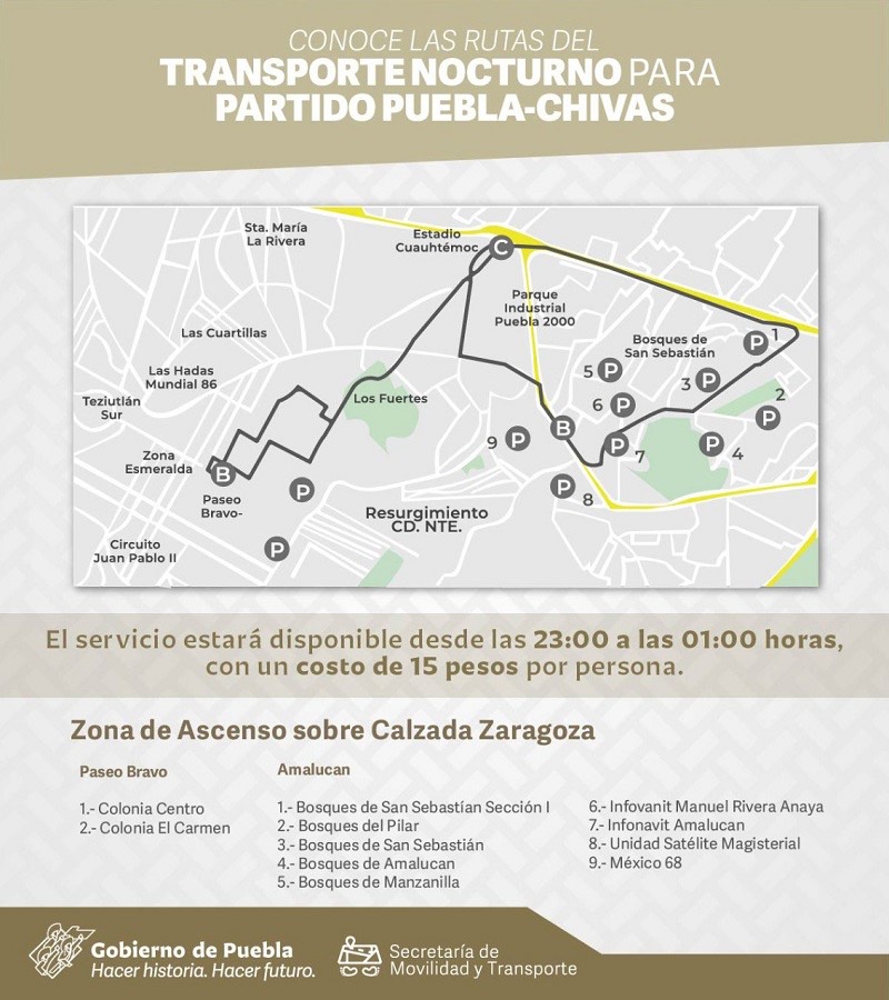 SMT habilitará 30 unidades de transporte nocturno para aficionados del Puebla 