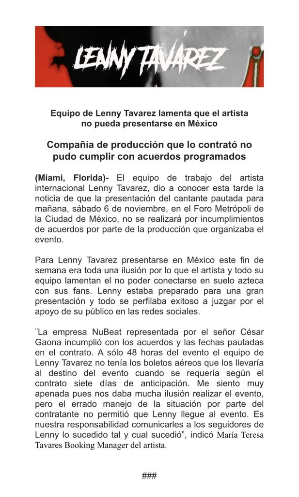 Equipo de Lenny Tavarez lamenta que el artista no pueda presentarse en México