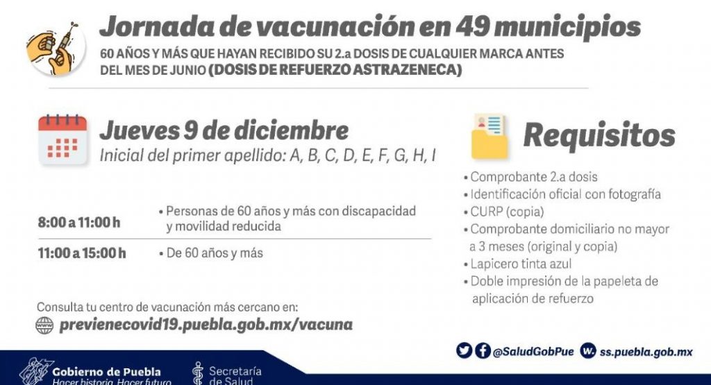 Comienza vacunación de refuerzo a mayores de 60 años en 49 municipios de Puebla, informó el secretario de Salud