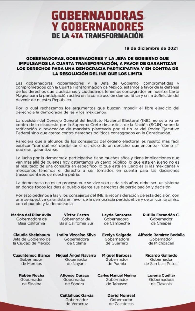 Gobernadores de Morena exigen al INE organizar la revocación de mandato de AMLO
