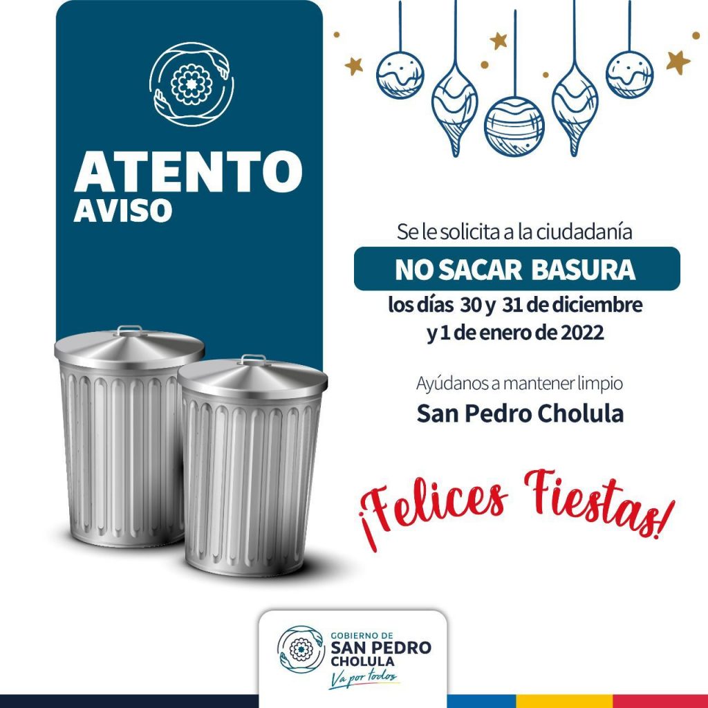 Ayuntamiento de San Pedro Cholula informa qué días no habrá recolección de basura