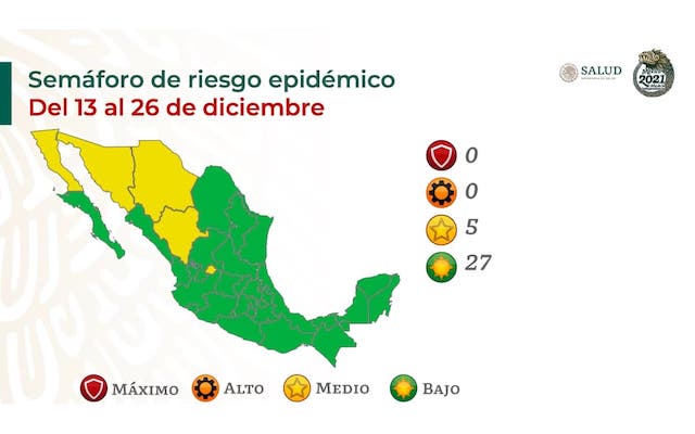 Semáforo Covid | México con 27 estados en verde y 5 en amarillo