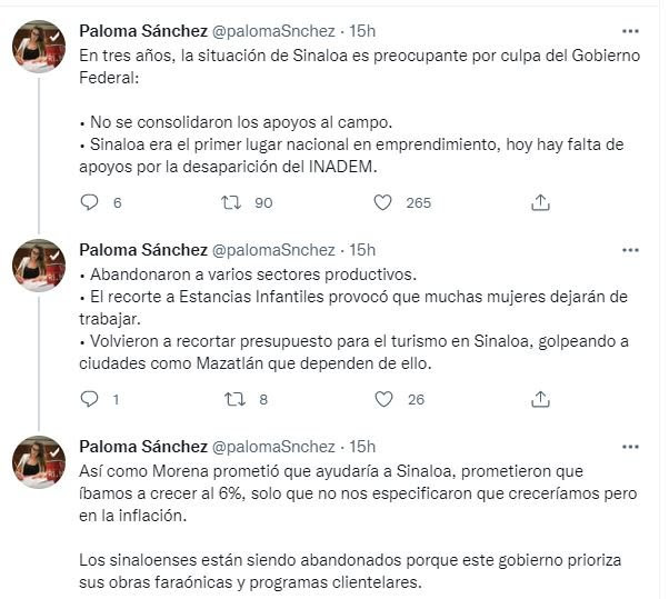 Sinaloenses, en el abandono por parte del gobierno federal de Morena: Diputada priista Paloma Sánchez