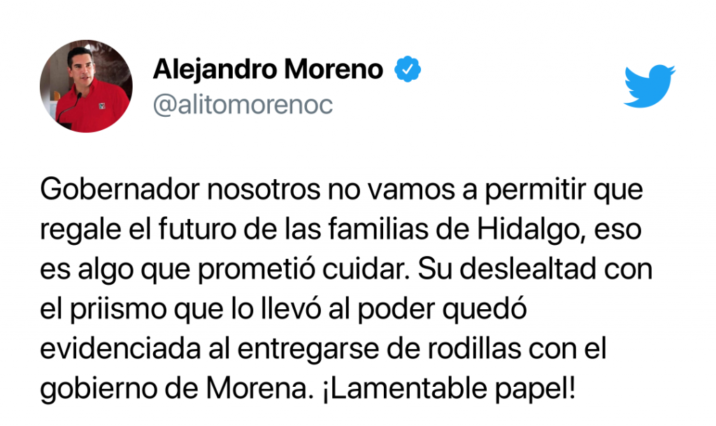 El PRI no permitirá que el gobernador Omar Fayad entregue el estado de Hidalgo a Morena: Alejandro Moreno