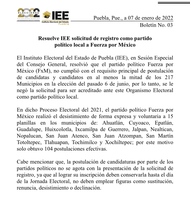 Rechaza IEE solicitud de registro como partido político local a Fuerza por México