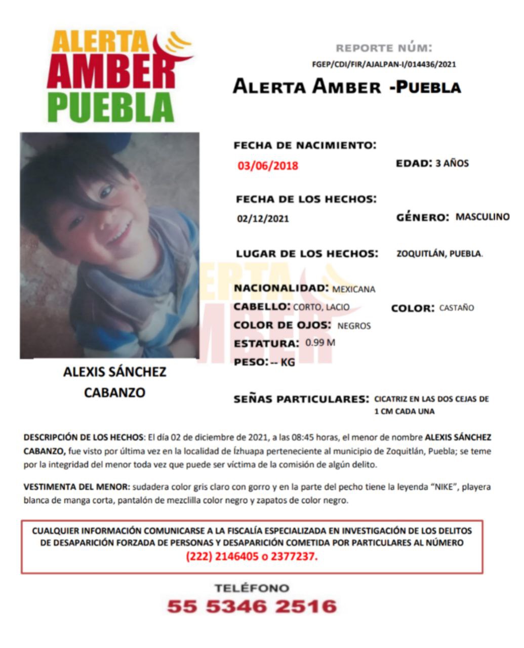 FGE Puebla activa Alerta Amber para localizar a menor de 3 años