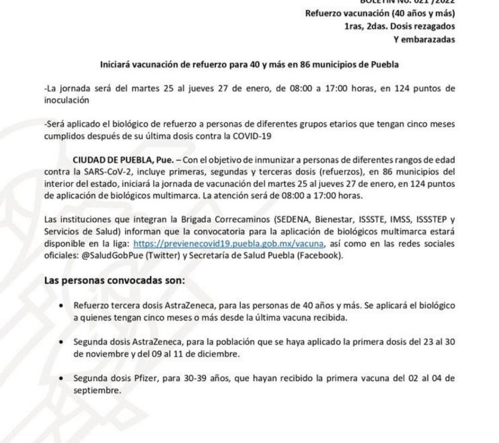 Este martes comienza jornada de vacunación en 86 municipios de Puebla, anuncia José Antonio Martínez García