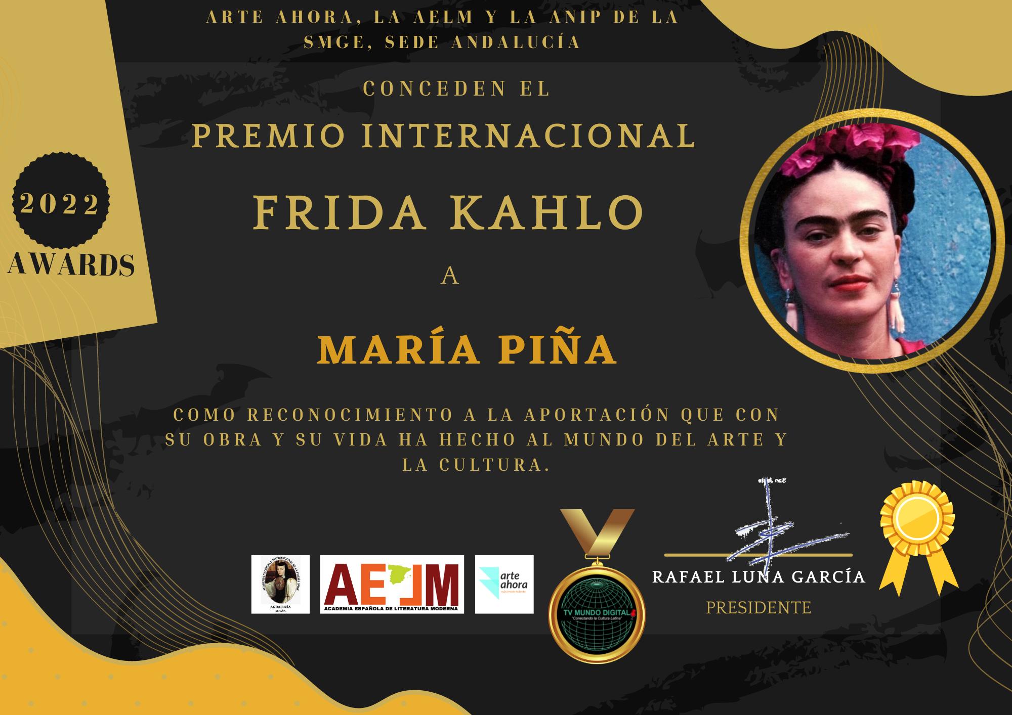 Conceden el Premio Internacional Frida kahlo a la poeta hispano-dominicana María Piña en los Art  Awards 2022