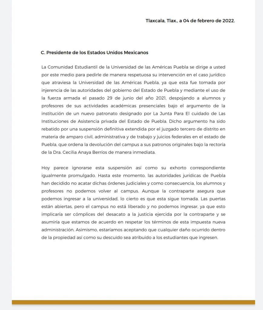Alumnos de la UDLAP piden intervención de AMLO