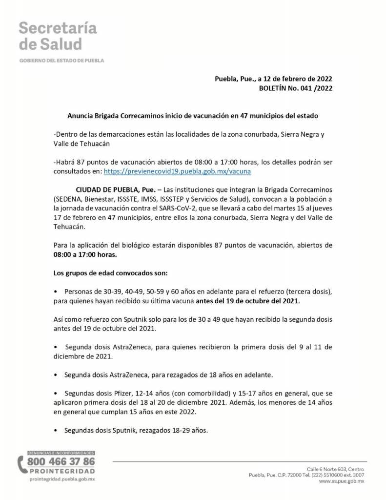 Anuncian jornada de vacunación para la zona conurbada de Puebla