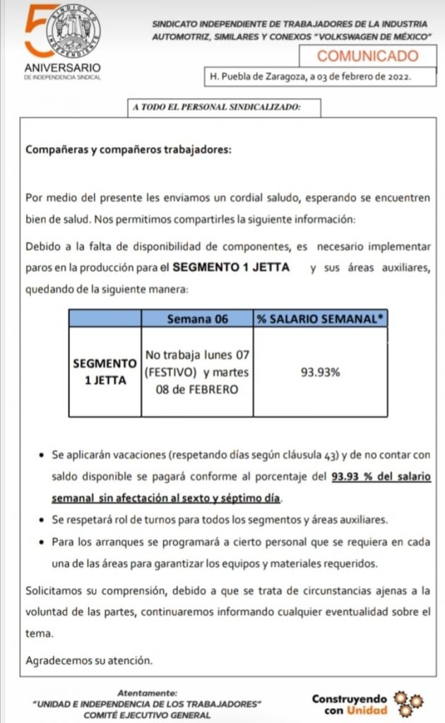 Anuncian paro en la producción de la VW el lunes y martes
