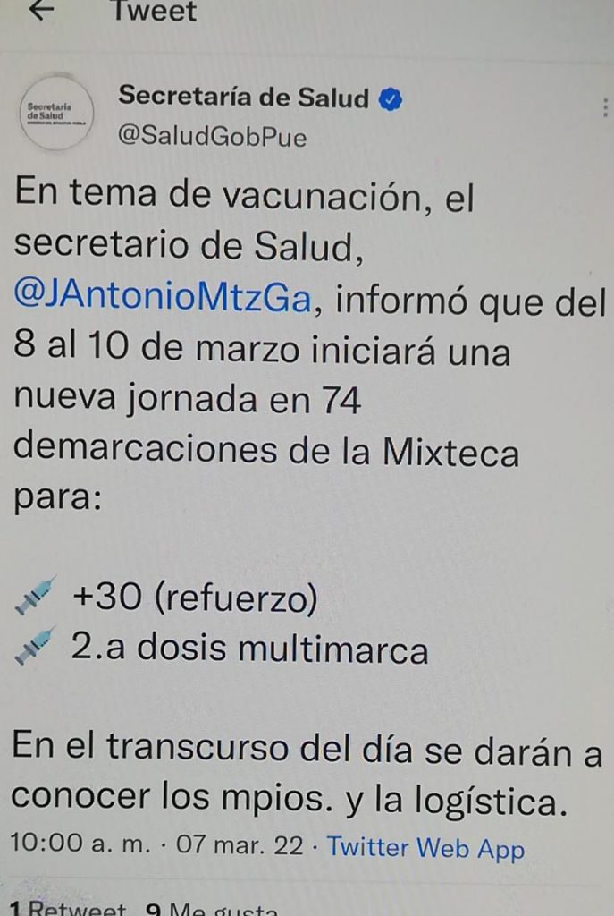 En 74 municipios de Puebla, arranca mañana y hasta el jueves nueva jornada de vacunación anticovid