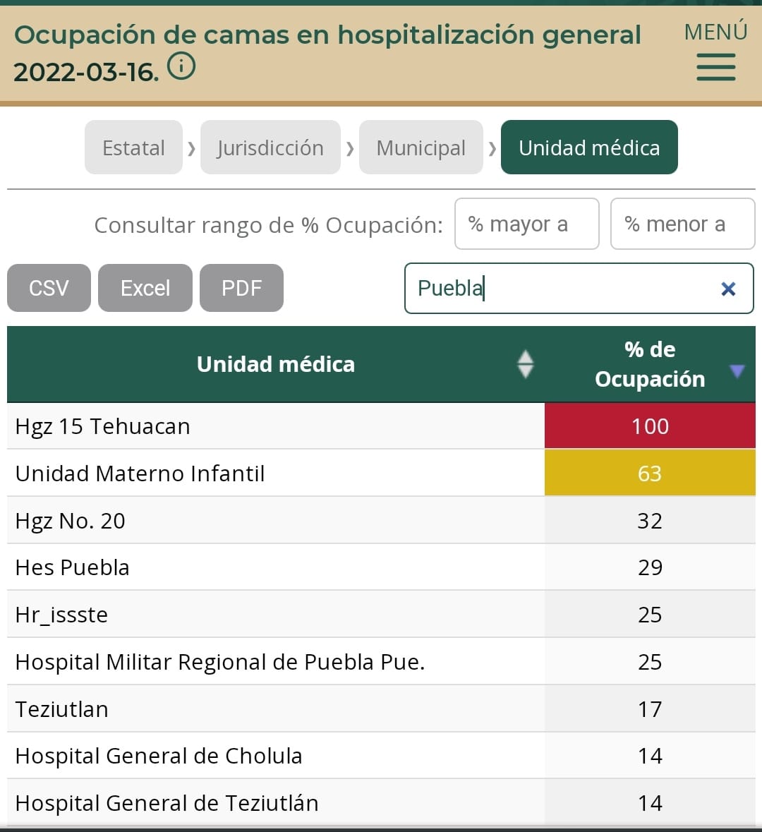 Los municipios del estado con mayor ocupación hospitalaria son Tehuacán,  San Andrés Cholula,  Puebla capital y Teziutlán