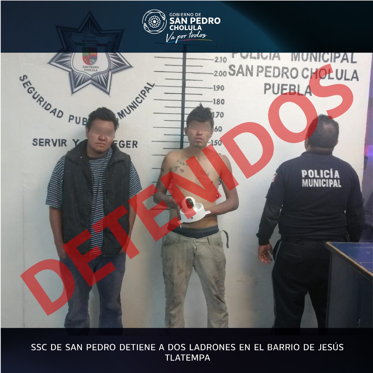 SSC de San Pedro detiene a dos ladrones en el barrio de Jesús Tlatempa