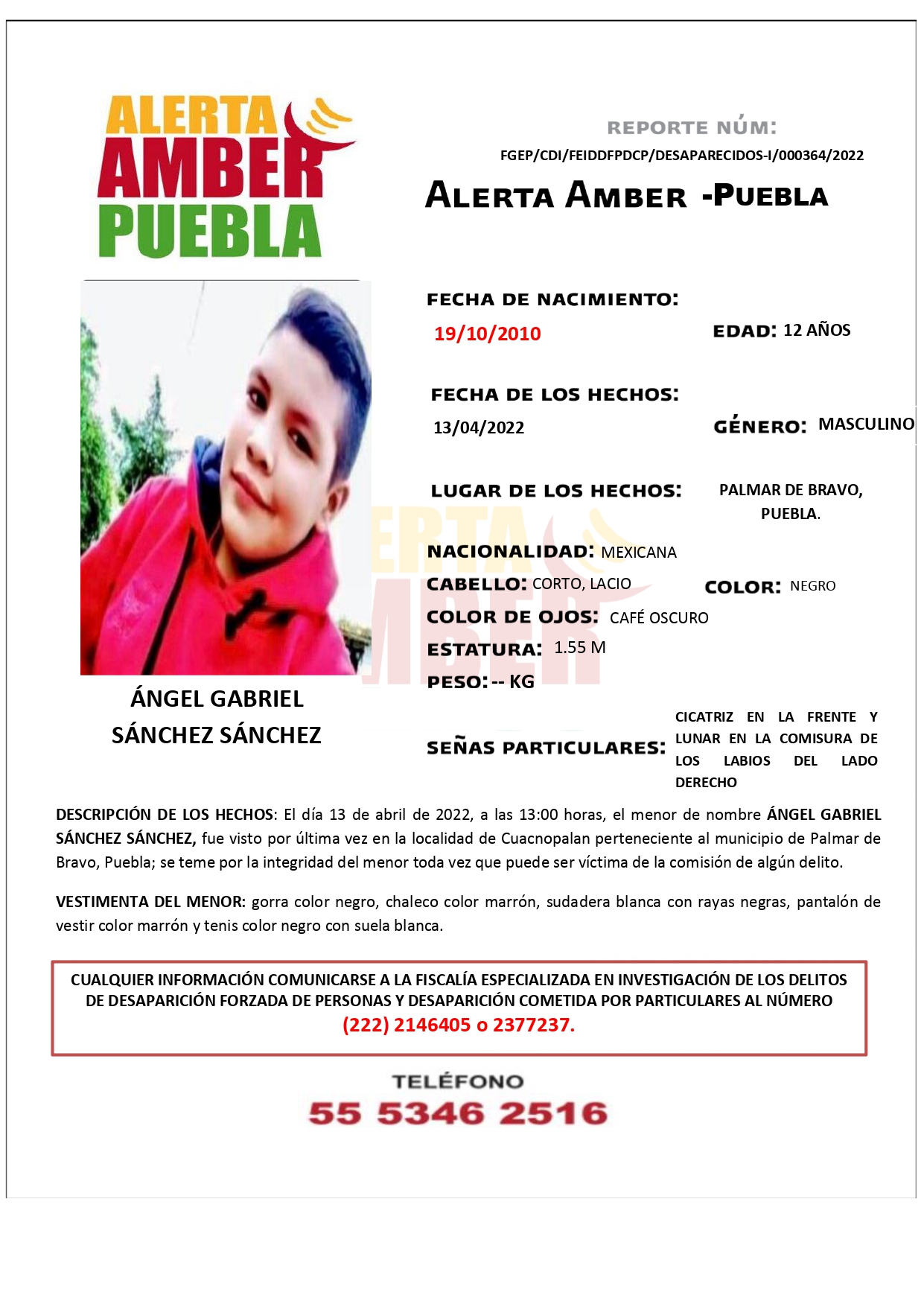 Fiscalía Puebla activa Alerta Amber para ubicar a menor de 12 años