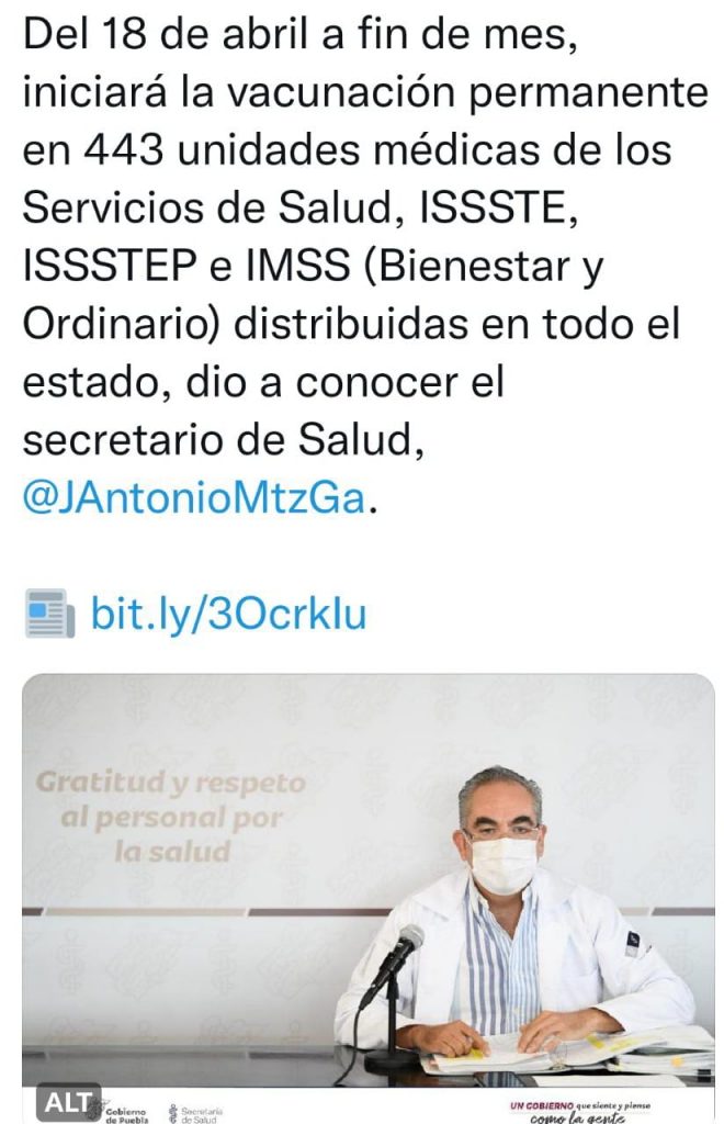 Del 18 de abril a finales de mes habrá vacunación covid en Puebla