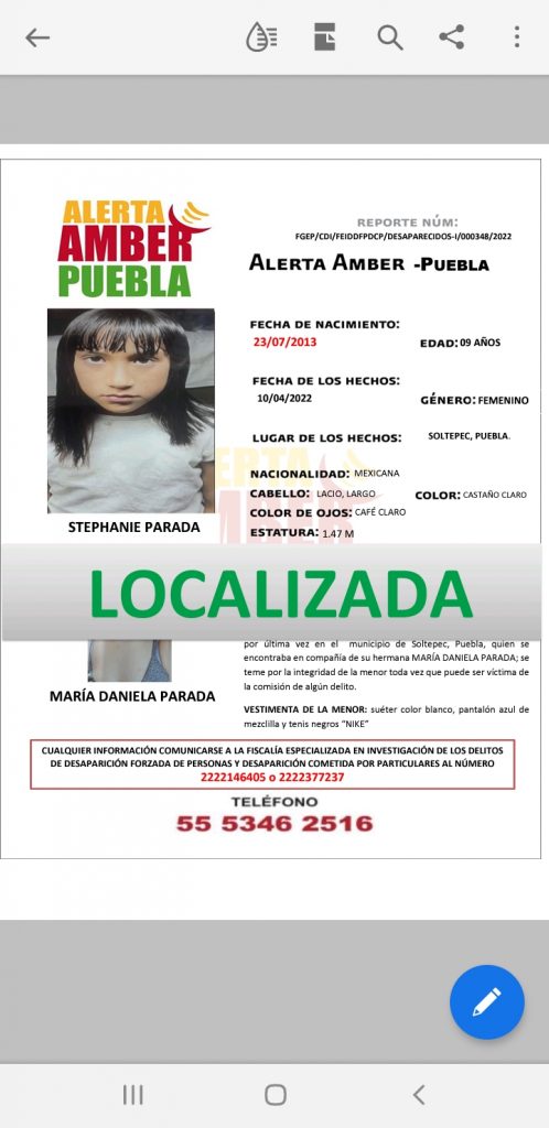 Localizada ilesa mediante Alerta Amber menor de 9 años