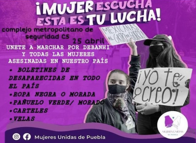 Convocan a realizar una manifestación en Puebla por el feminicidio de Debanhi Escobar