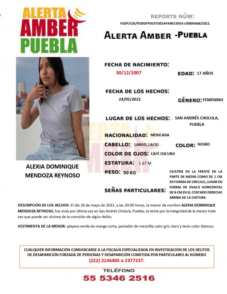 Se activa Alerta AMBER de la menor ALEXIA DOMINIQUE MENDOZA REYNOSO de 17 años de edad