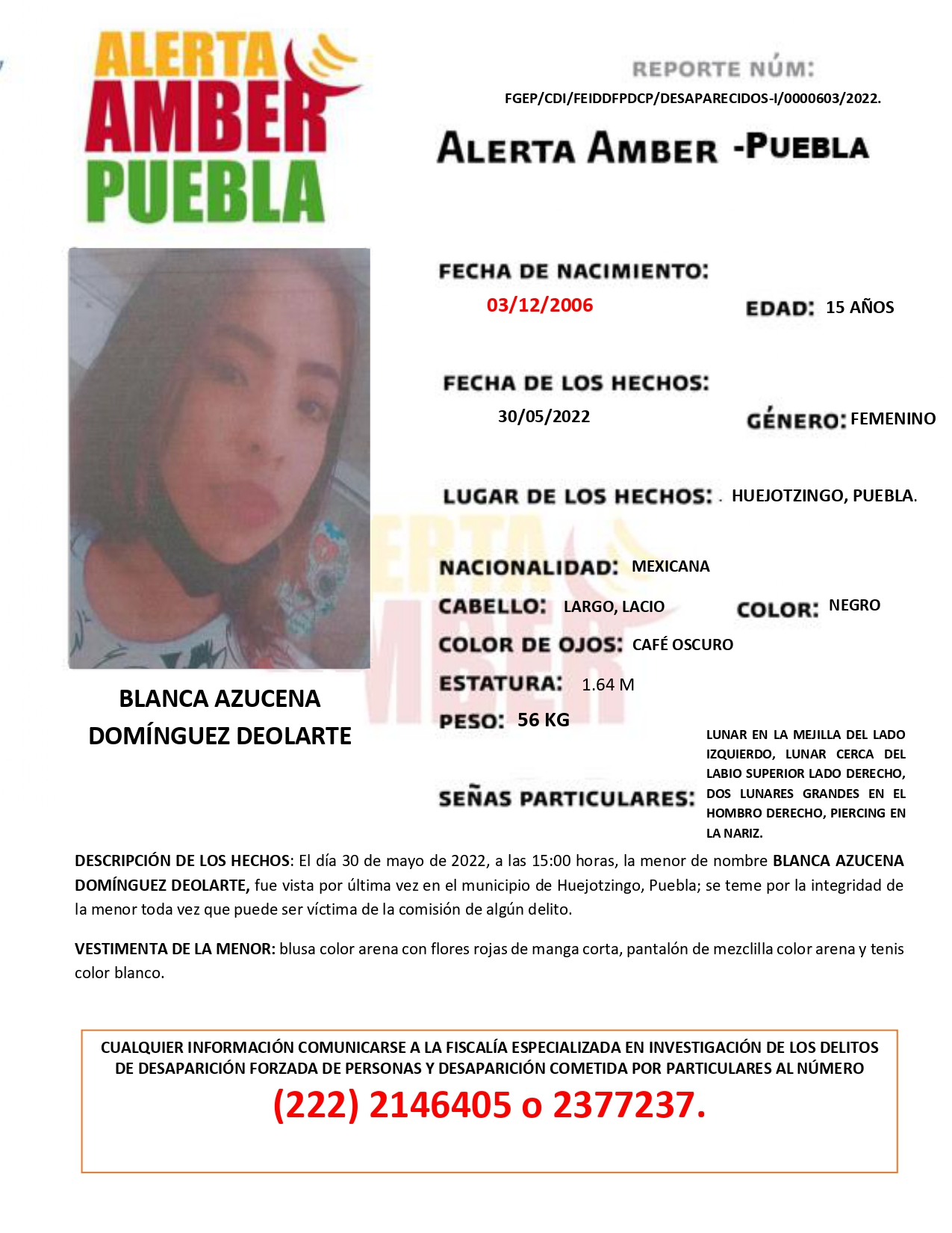 Fiscalía Puebla activa la Alerta AMBER del menor BLANCA AZUCENA DOMÍNGUEZ DEOLARTE
