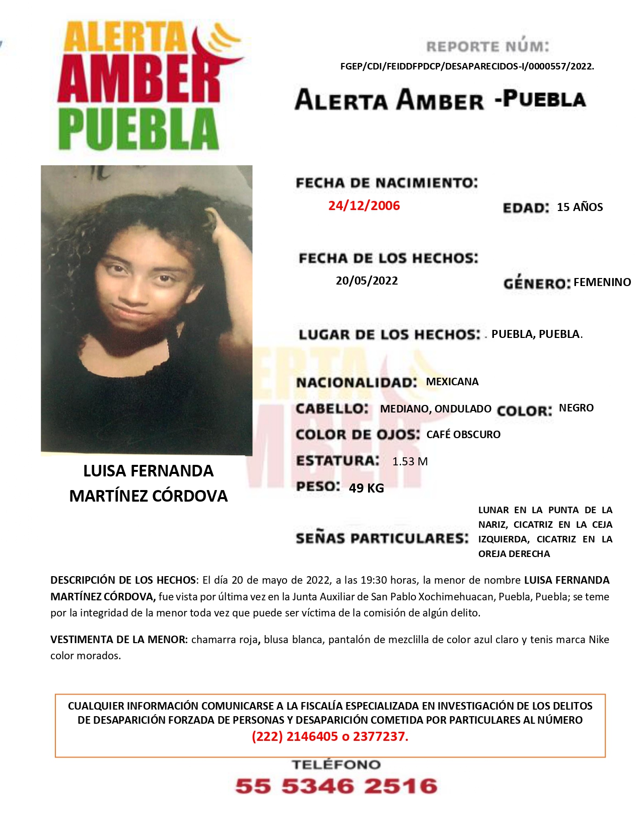 Fiscalía de Puebla activa la Alerta AMBER de la menor Luisa Fernanda Martínez Córdova de 15 años de edad