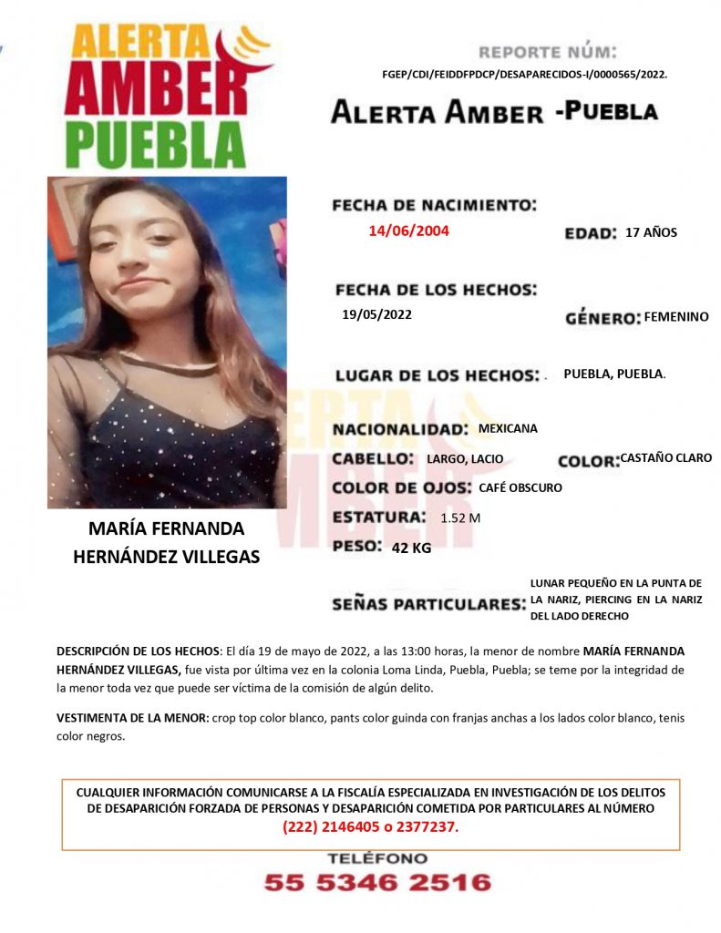 Fiscalía Puebla activa Alerta AMBER de la menor MARÍA FERNANDA HERNÁNDEZ VILLEGAS