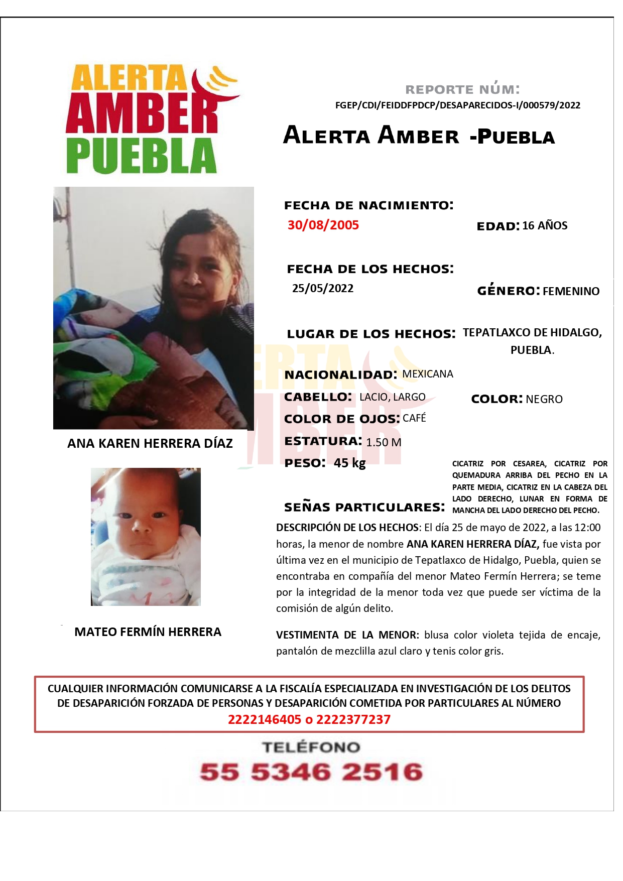 Fiscalía Puebla activa las Alertas AMBER de los menores Ana Karen Herrera Díaz y Mateo Fermín Herrera