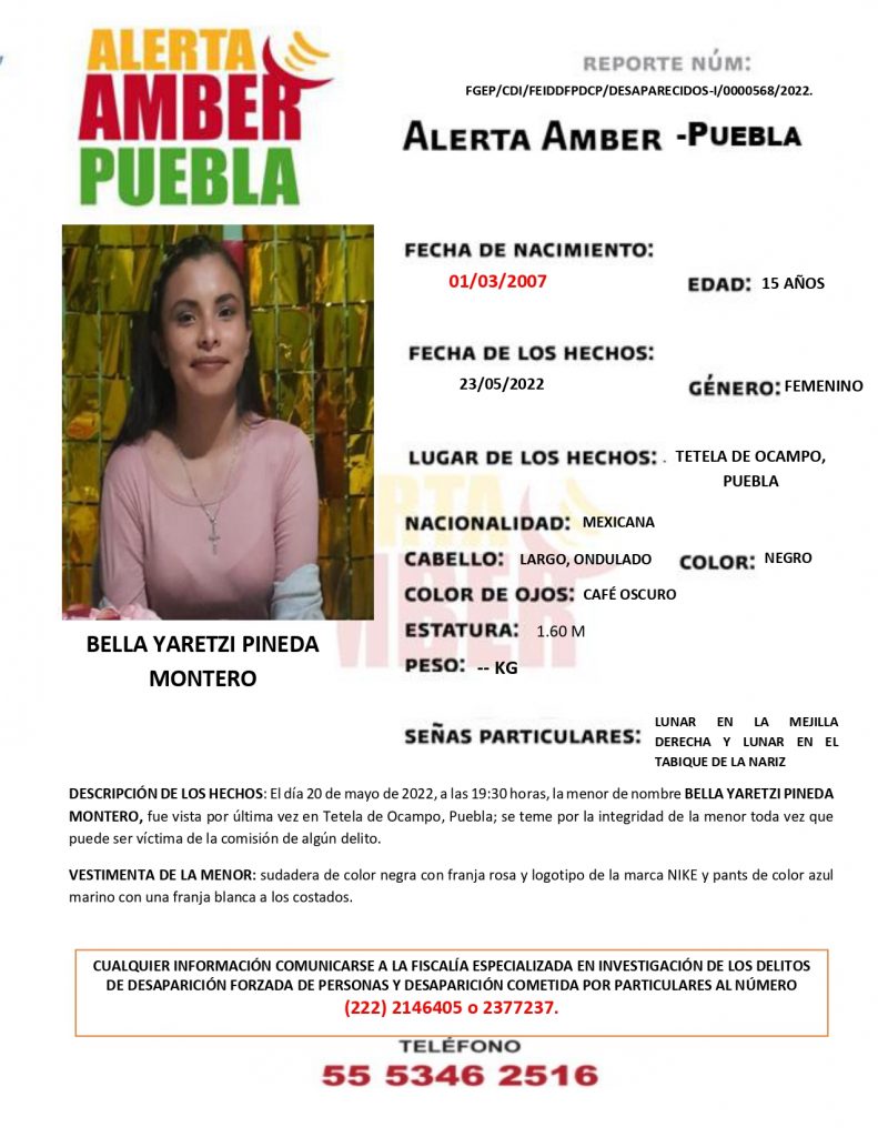 La Fiscalía activa Alerta AMBER de la menor BELLA YARETZI PINEDA MONTERO de 15 años de edad
