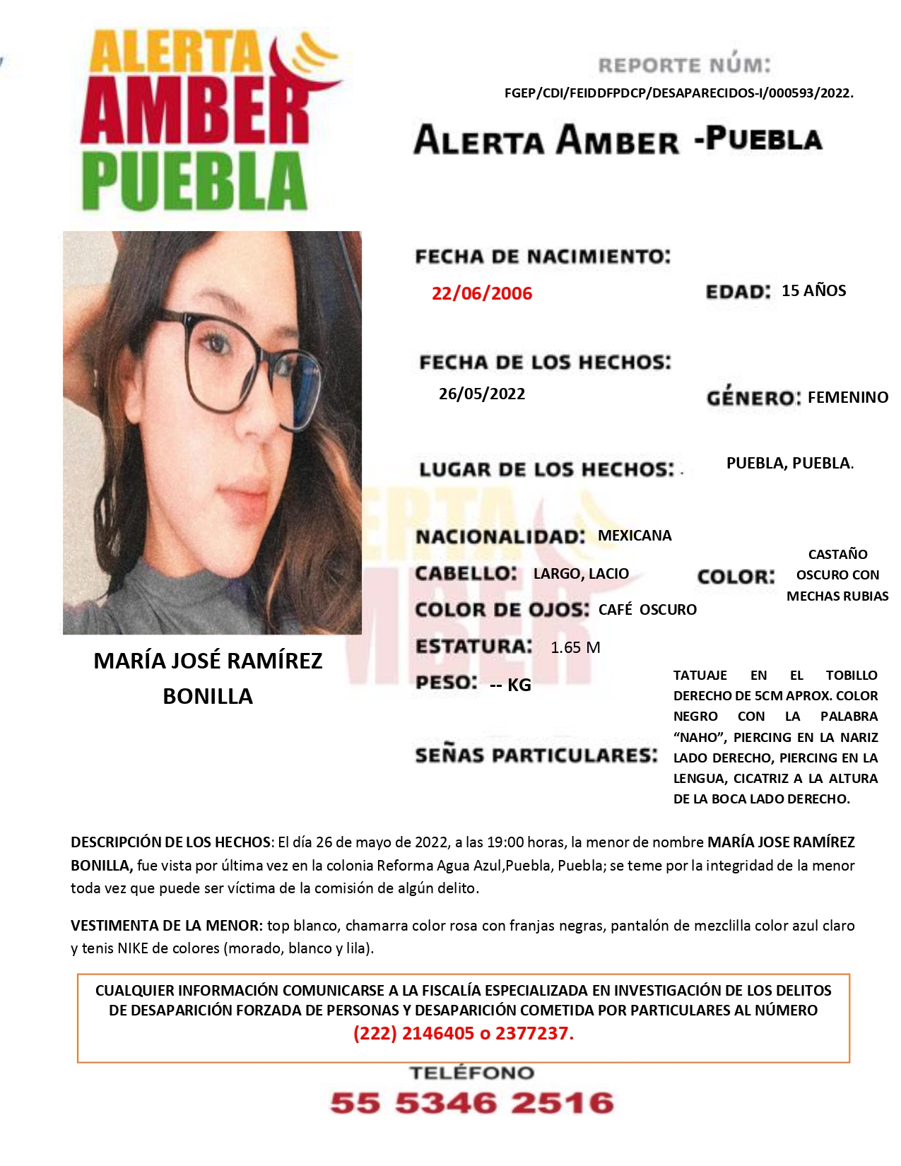 Fiscalía Puebla activa Alerta AMBER de la menor MARÍA JOSÉ RAMÍREZ BONILLA de 15 años