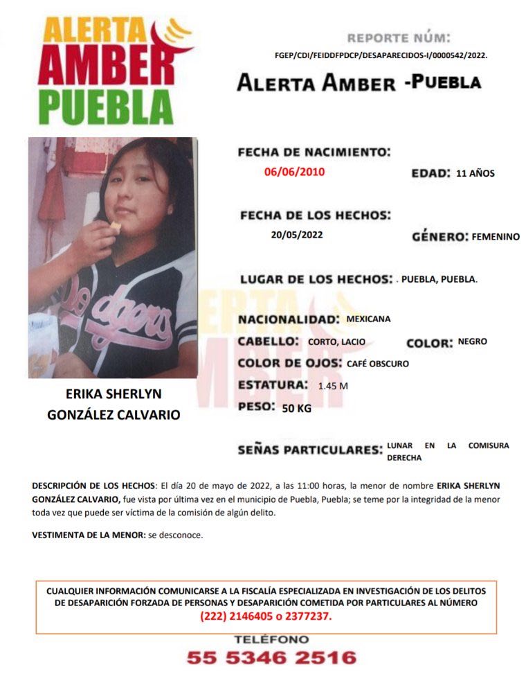 La Fiscalía de Puebla activa Alerta AMBER de la menor Erika Sherlyn González Calvario 11 años de edad