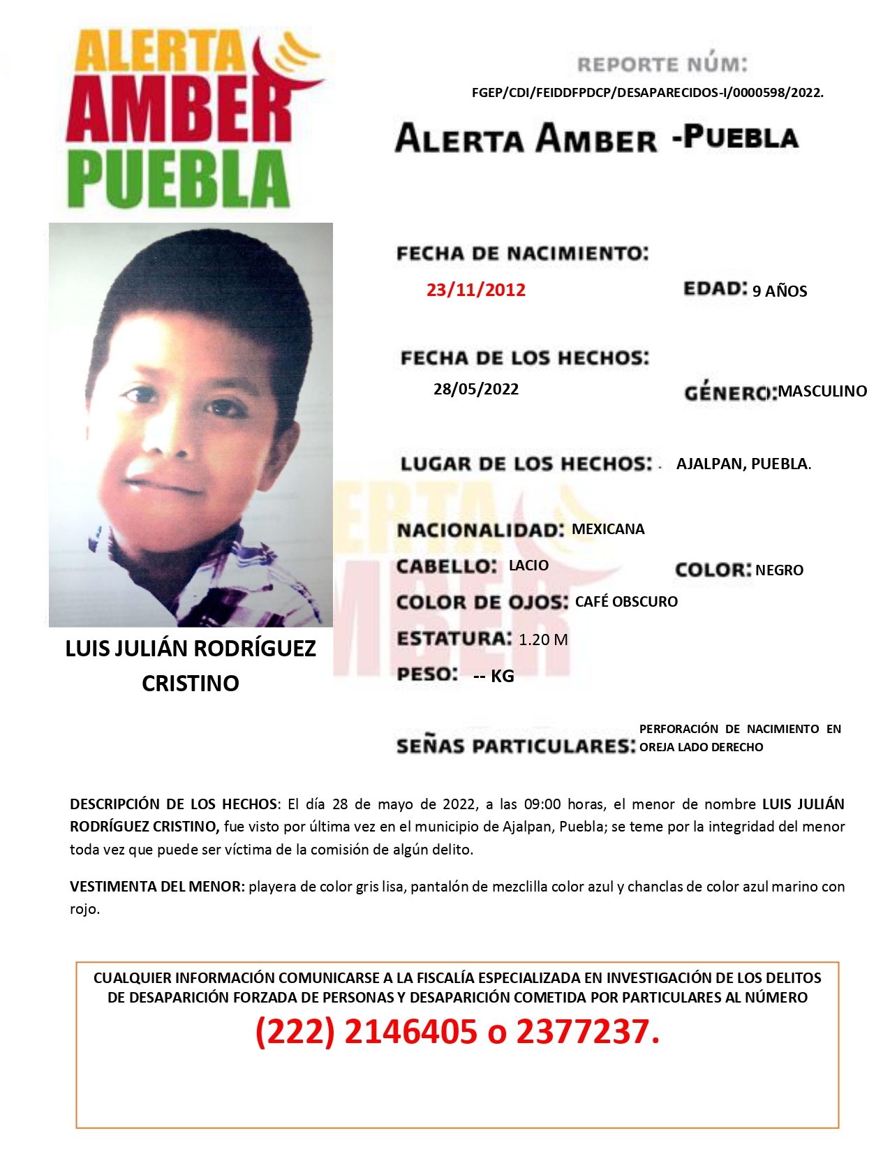 Fiscalía Puebla activa la Alerta AMBER del menor LUIS JULIÁN RODRÍGUEZ CRISTINO de 9 años de edad