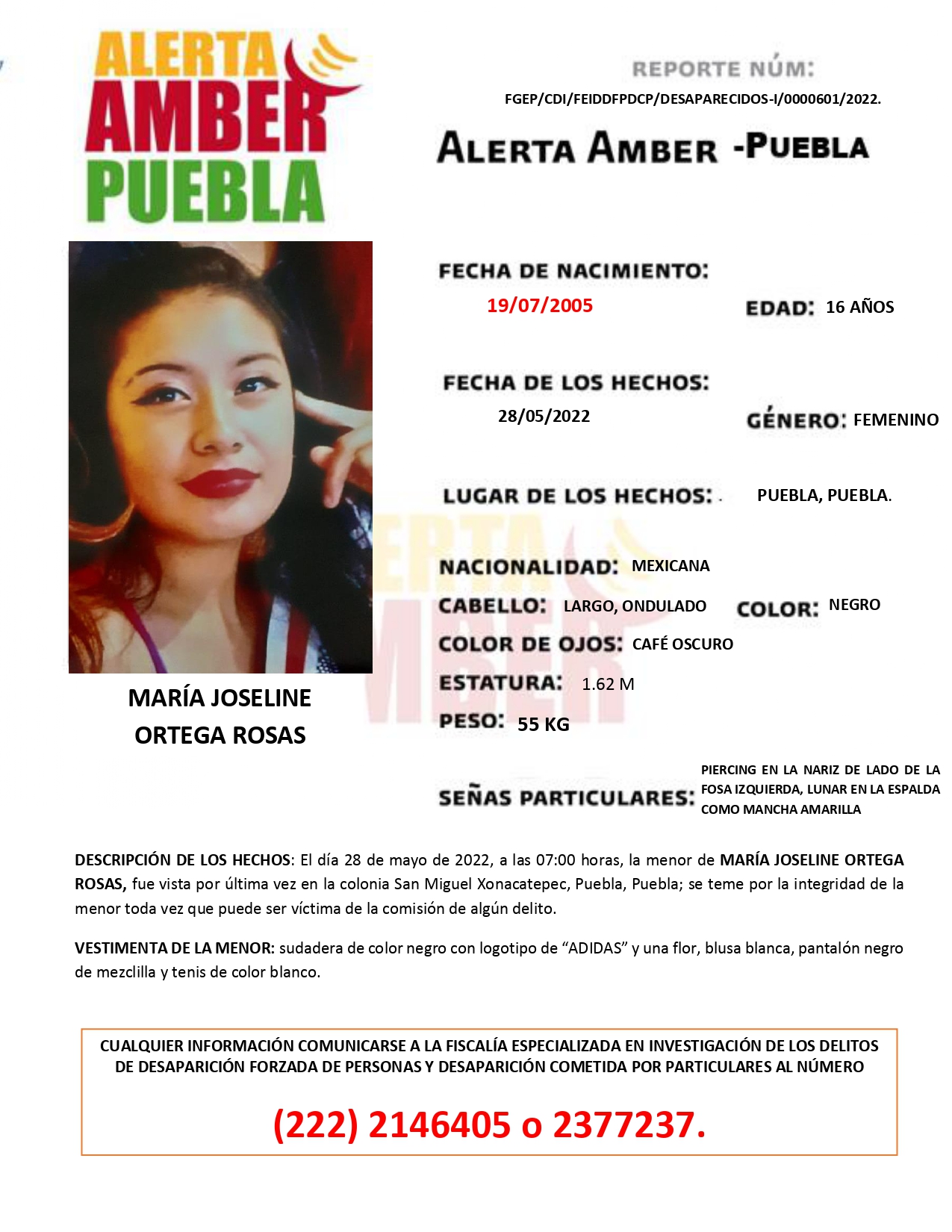La Fiscalía Puebla activa la Alerta AMBER del menor MARÍA JOSELINE ORTEGA ROSAS de 16 años de edad