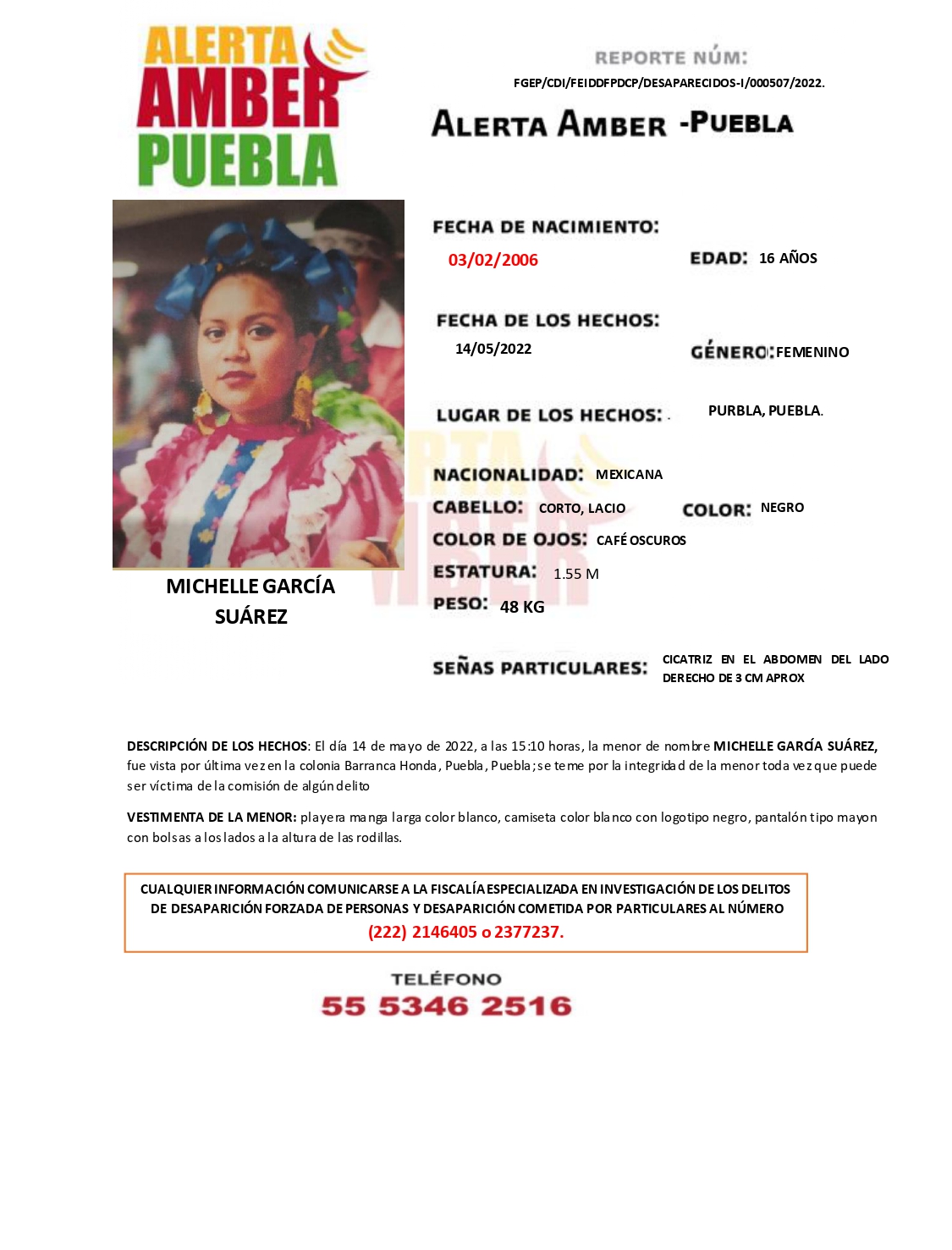 Fiscalía de Puebla activa Alerta AMBER de la menor Michelle García Suárez