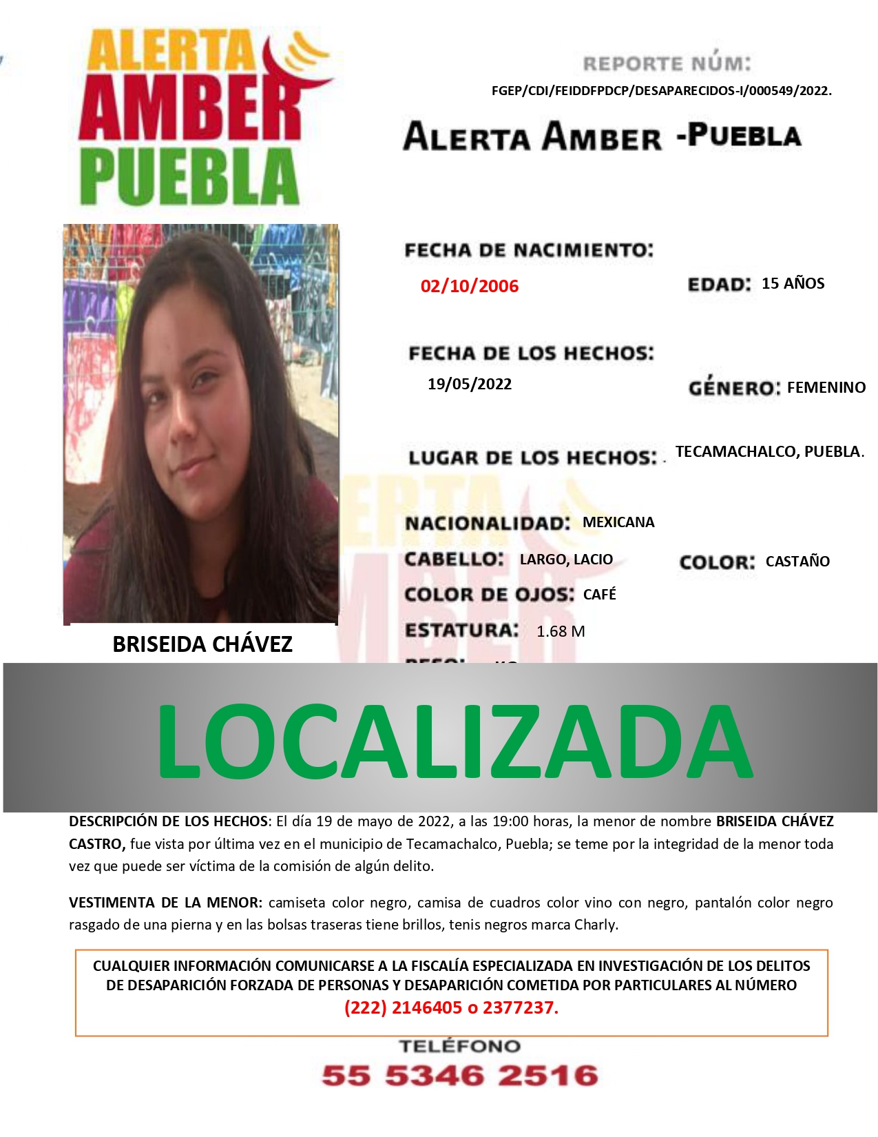 Se desactiva la alerta AMBER de la menor Briseida Chávez Castro de 15 años de edad