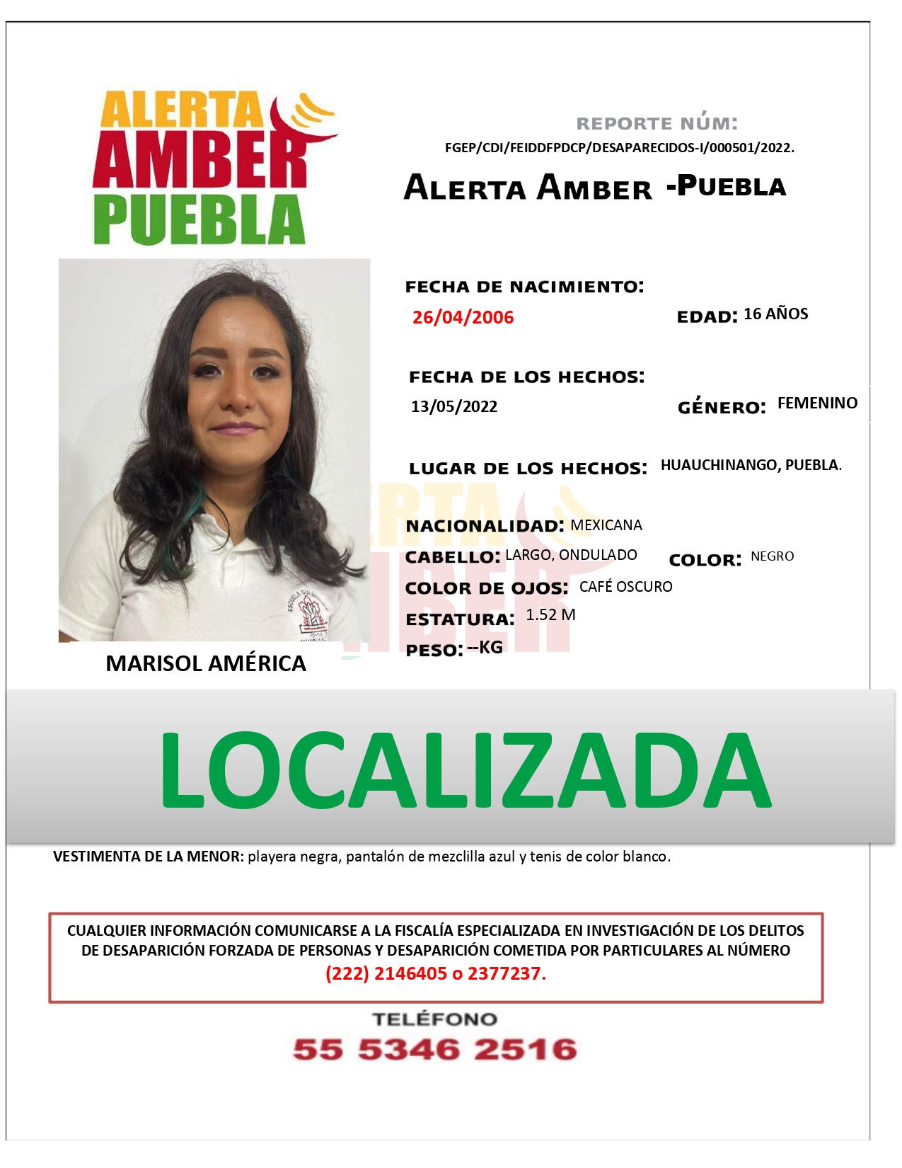 Se desactiva Alerta Amber de Marisol América Sosa Cuevas