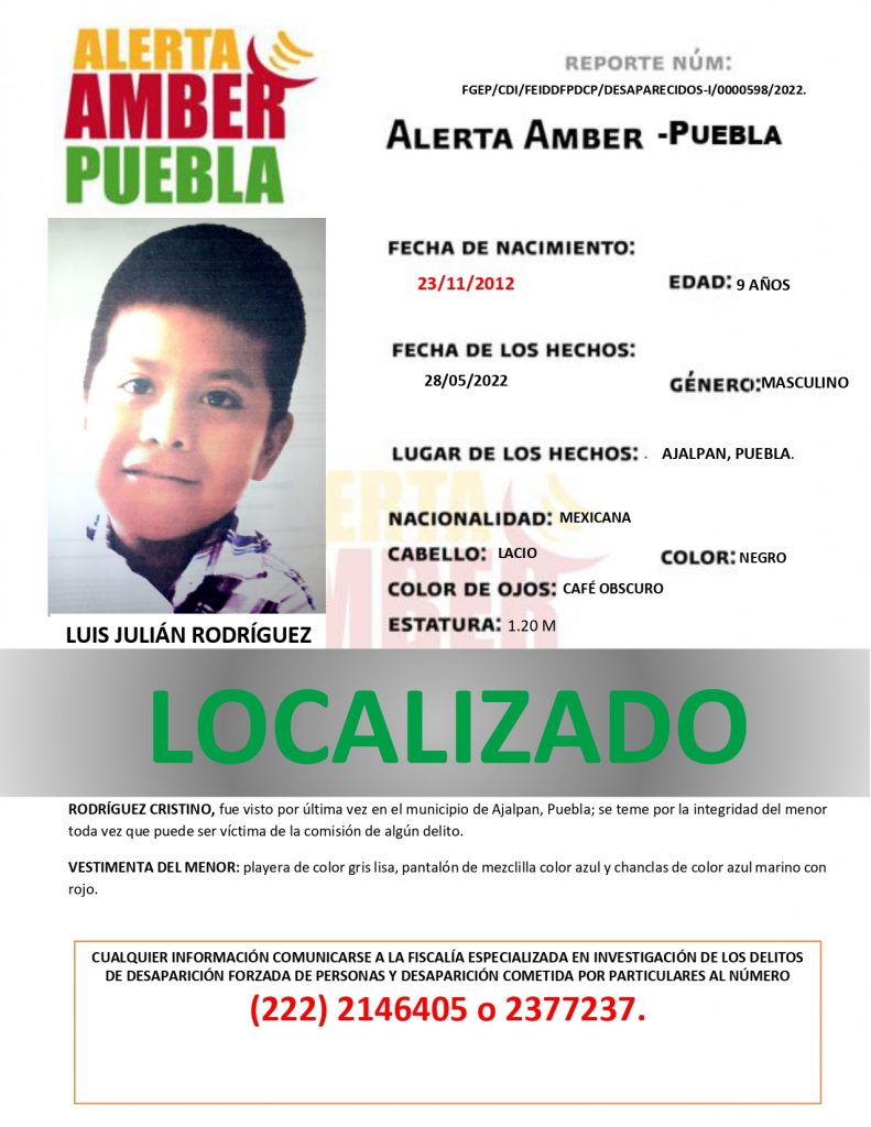 Se desactiva la ALERTA AMBER del menor LUIS JULIÁN RODRÍGUEZ CRISTINO de 9 años de edad