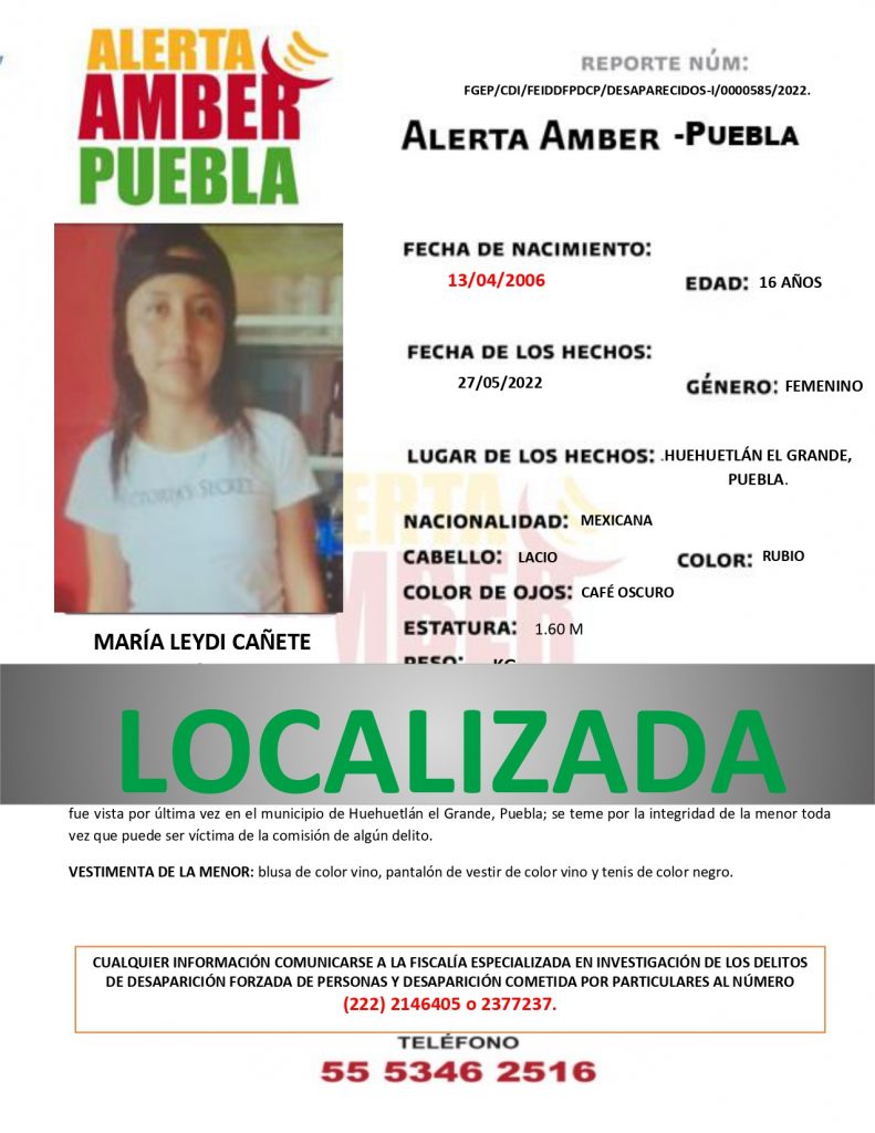 Se desactiva la ALERTA AMBER de la menor  MARÍA  LEYDI  CAÑETE BÁEZ