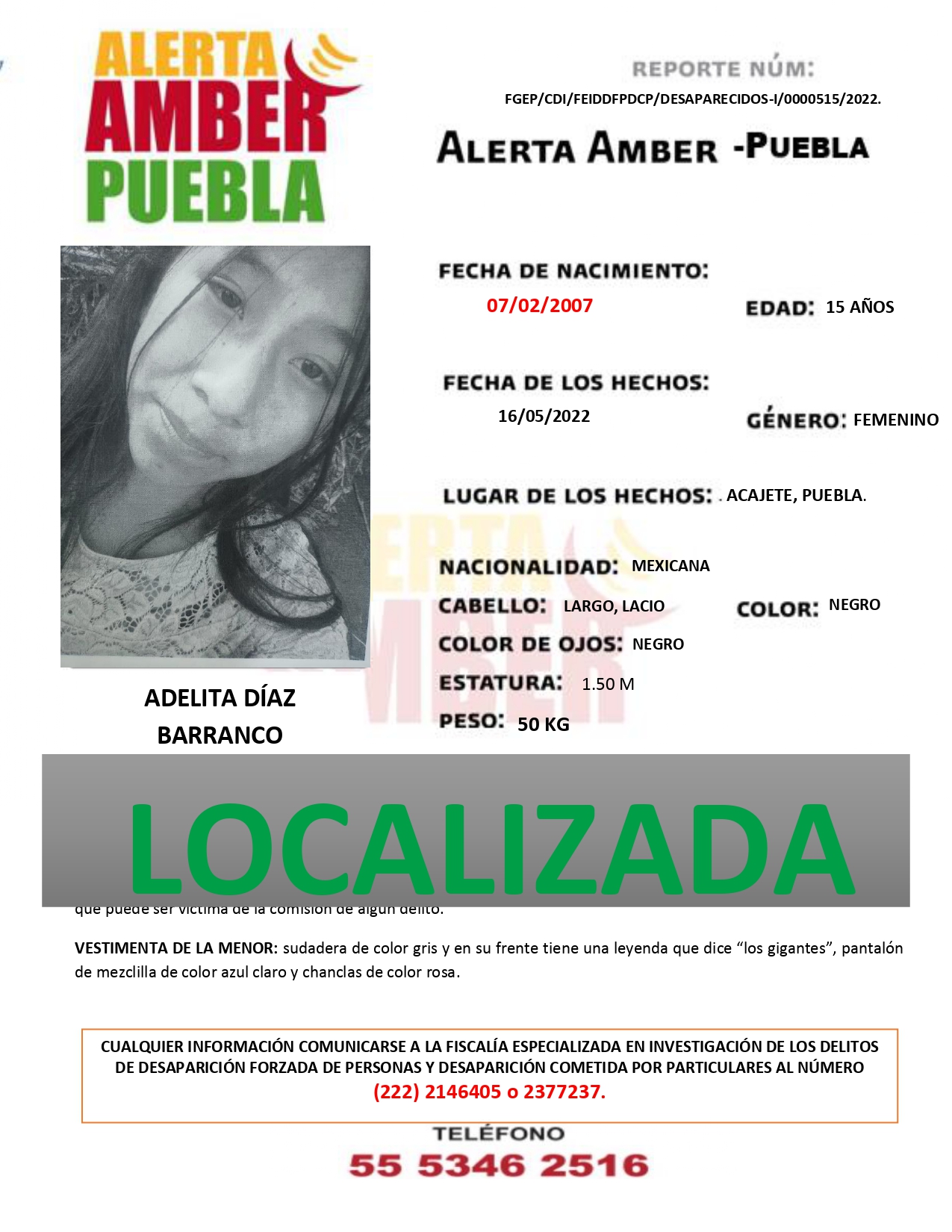 Se desactiva la alerta AMBER de la menor Adelita Díaz Barranco