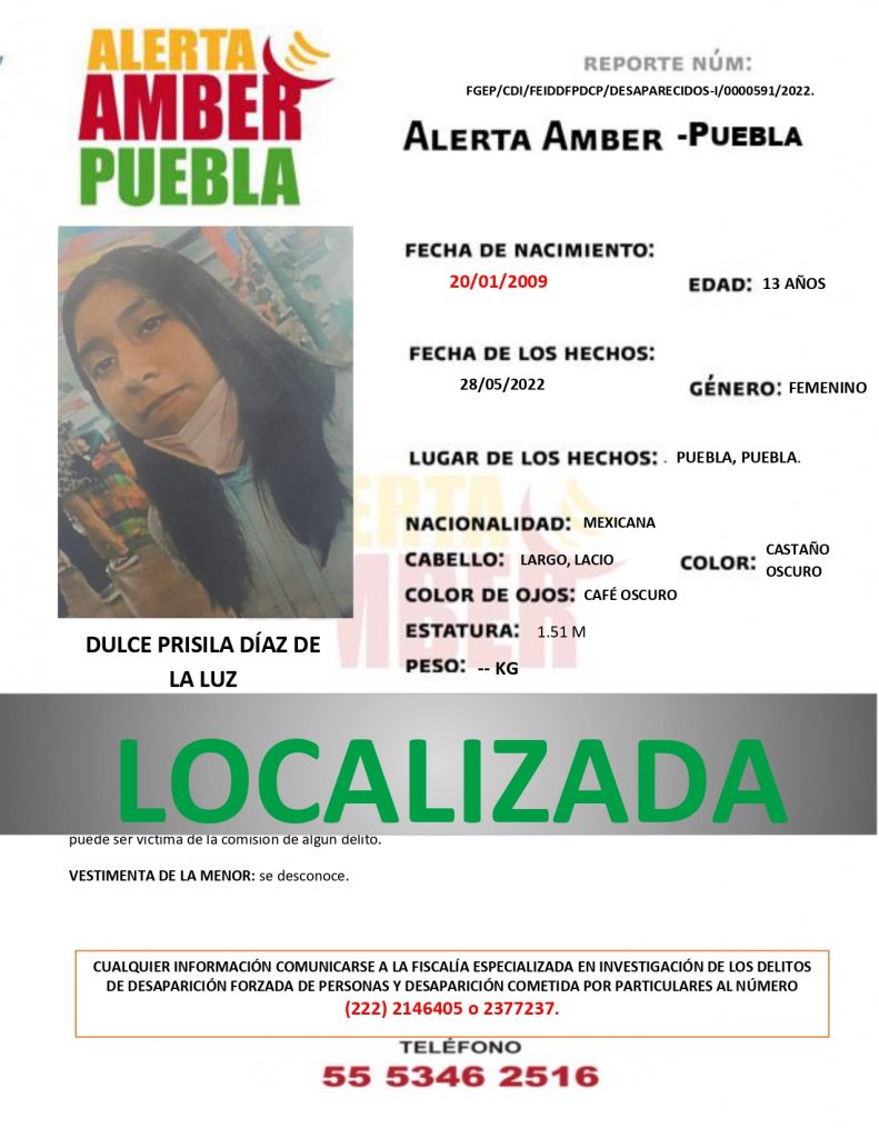 Se desactiva la ALERTA AMBER de la menor DULCE PRISILA DÍAZ DE LA LUZ de 13 años de edad