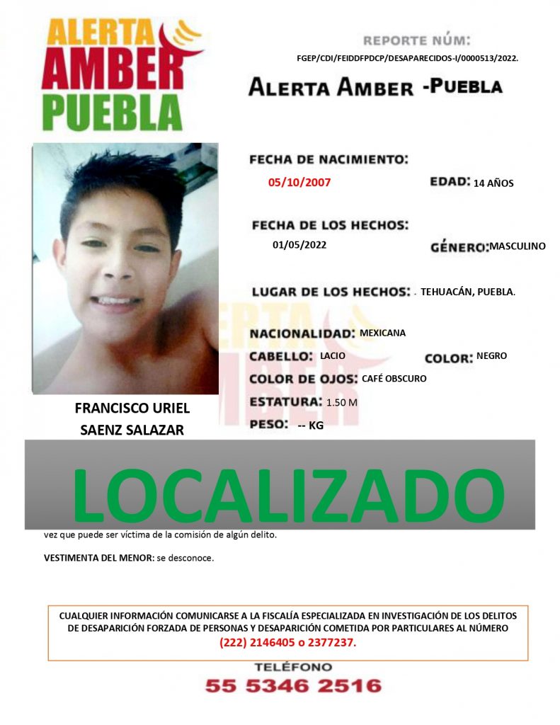 Se desactiva Alerta Amber del menor FRANCISCO URIEL SAENZ SALAZAR 14 años de edad