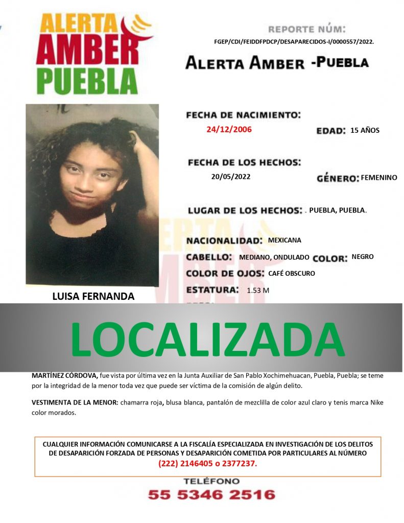 Se desactiva la ALERTA AMBER de la menor LUISA FERNANDA MARTÍNEZ CÓRDOVA