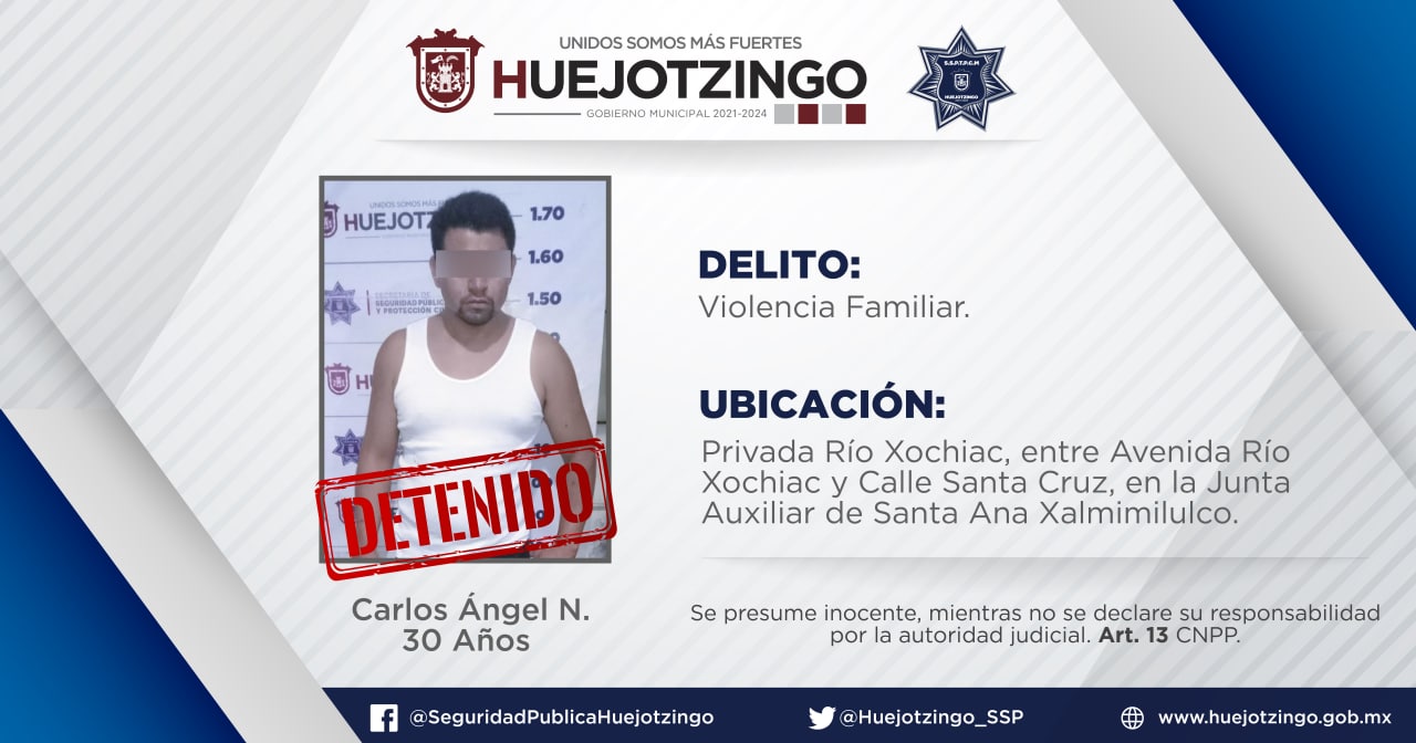 Polícia municipal de Huejotzingo detiene a masculino por violencia familiar