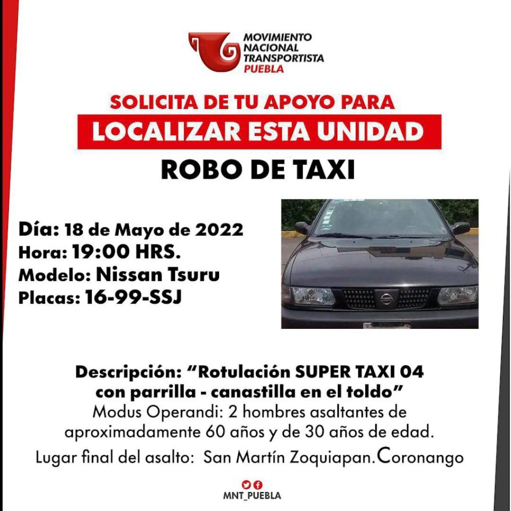 Reportan el robo violento de un taxi en Coronango
