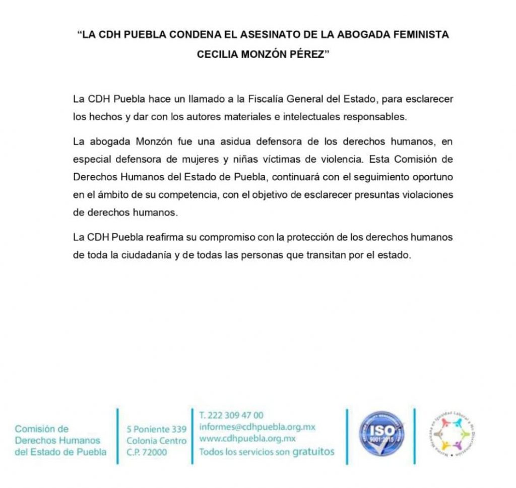 CNDH y CEDH condenan asesinato de la activista Cecilia Monzón