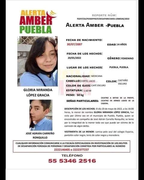 Alerta Amber por adolescentes desaparecidos en Analco y vinculados a la artista Gloria Gracia