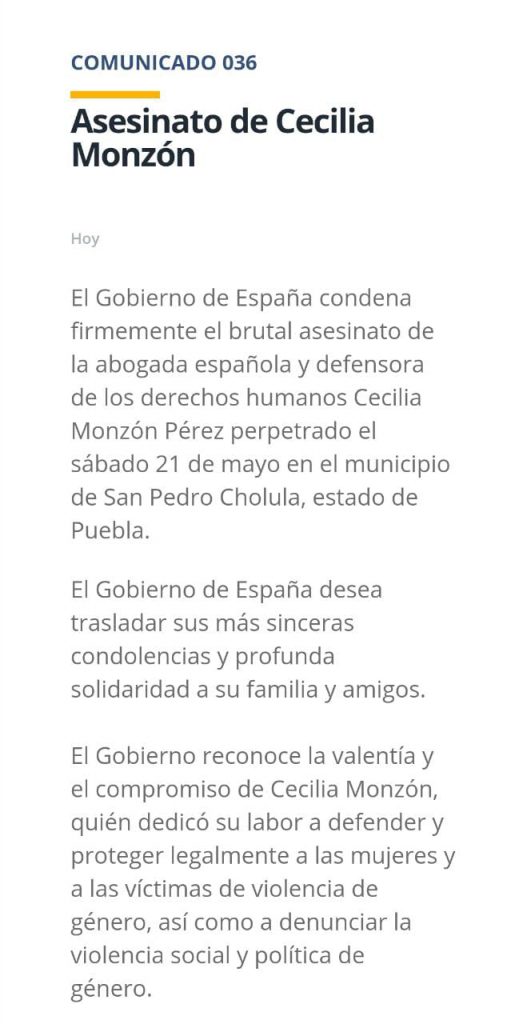 Gobierno de España condena asesinato de la activista Cecilia Monzón y pide justicia